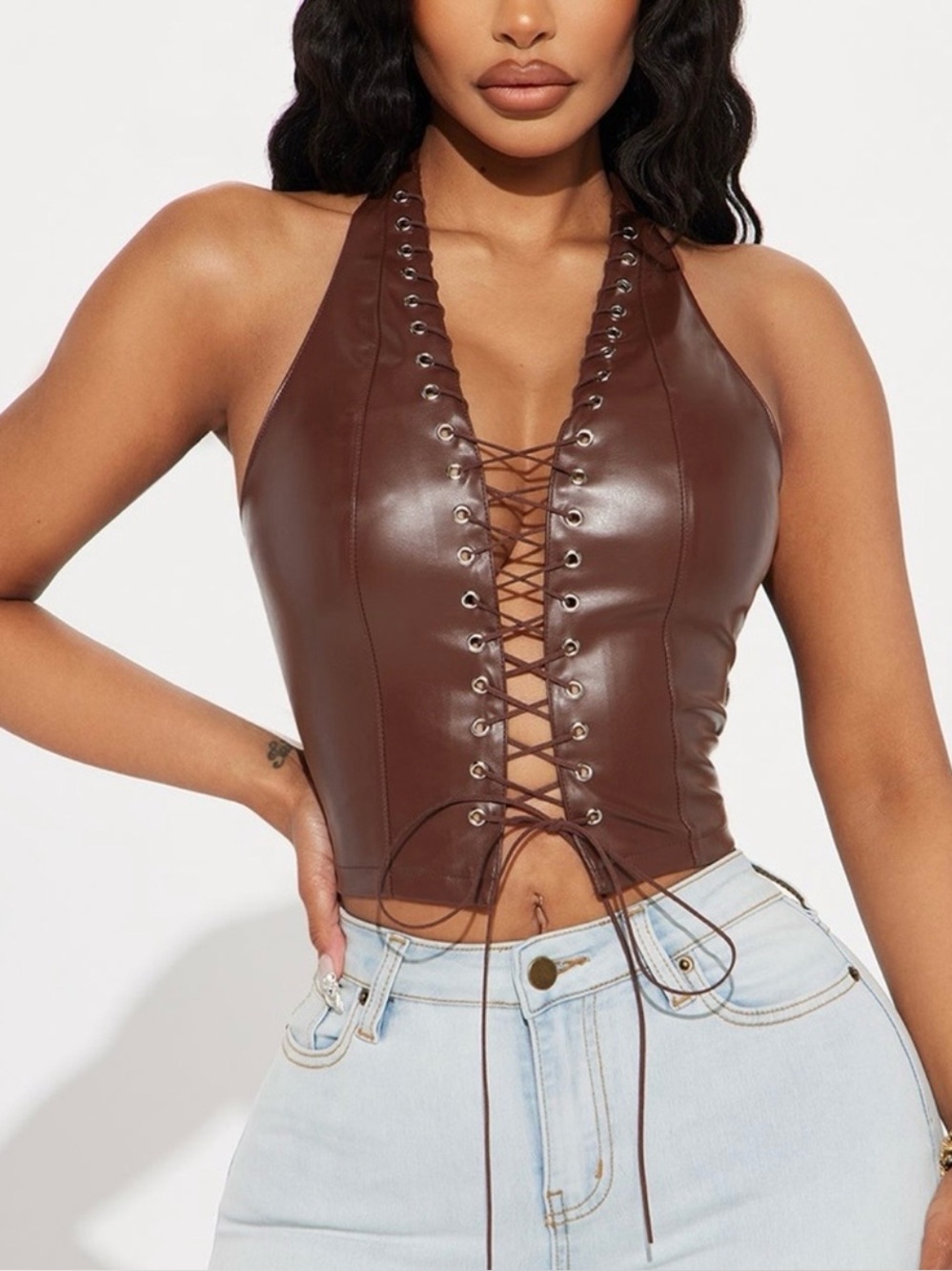 NWT Fashion Nova “Up To No Good” Faux Leather Lace-Up Top – Brown, Size M